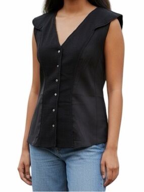 Cotelac Black/Dark Grey Sleeveless V-Neck Button Front Black Blouse 1